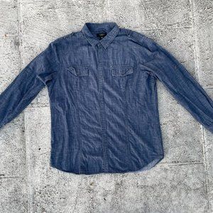 Attention Men Casual Shirt Button Up Blue Denim Long Sleeve Modern Fit Shirt Siz
